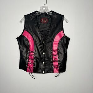 IK Black and Pink Genuine Leather Vest with Lace-Up Sides size medium